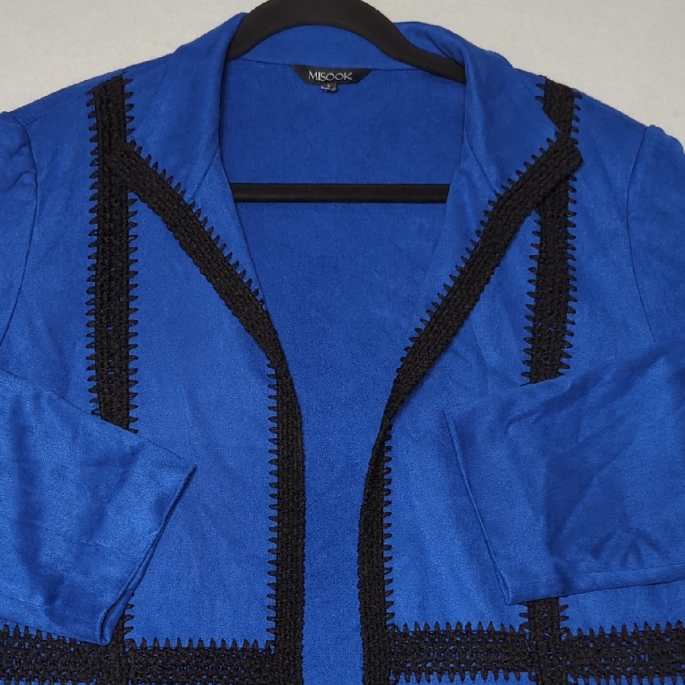 Misook Brilliant Blue With Black Trim Open Front Long Length Cardigan Size Large